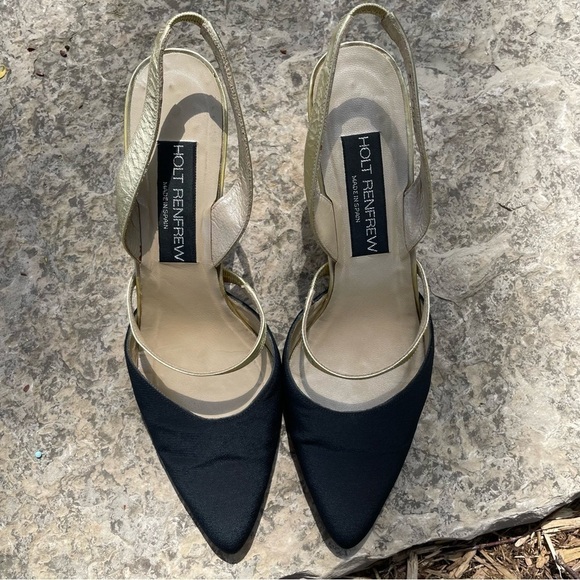 [8] Rare Vintage Holt Renfrew Black Canvas Closed Toed Kitten Heels Gold Straps - Picture 8 of 12